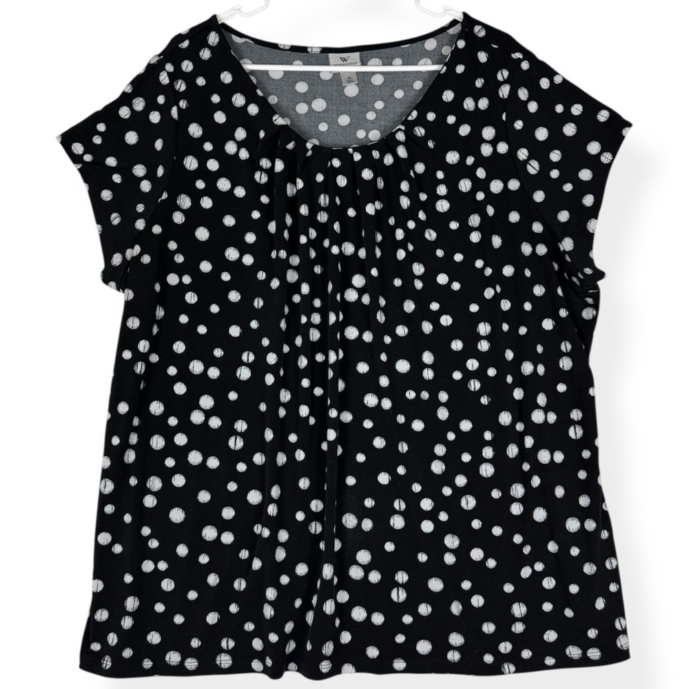 Worthington Top Womens 3X Plus Black White Polka Dot Dressy Lightweight Stretch